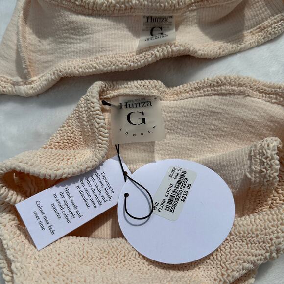 Hunza G. Flora Seersucker Bandeau Bikini Top and Bottom Blush Peach Pink OS NWT - Picture 9 of 15